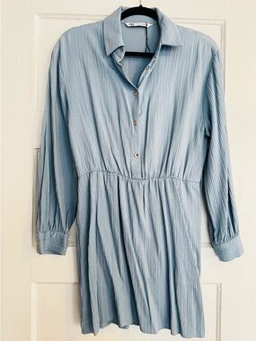 Zara Pale Blue Textured Button-Up Dress